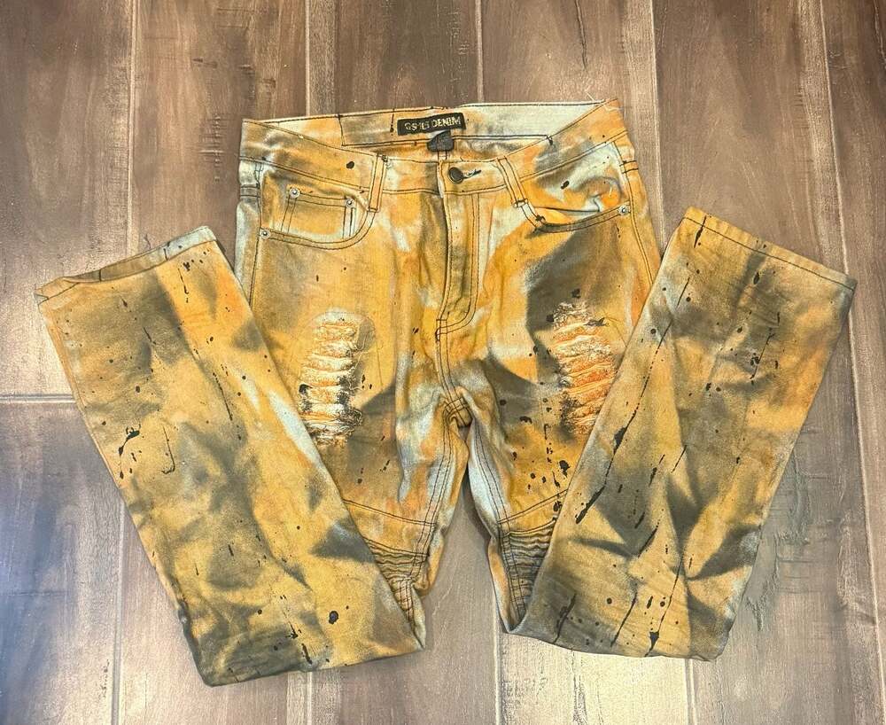 GS-115 Denim Moto Biker Distressed Jeans with Paint Splatter Wash